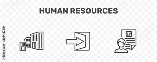 human resources icon set with company, quit, cv signs in flat outline style