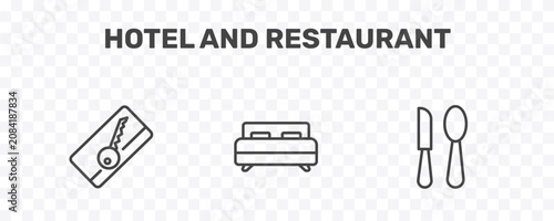 hotel and restaurant icon set with key card, beds, eating utensils signs in flat outline style