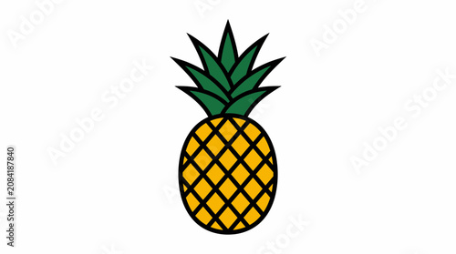 Minimalist Vector Pineapple Fruit Illustration Featuring Vibrant Yellow Skin and Bold Green Leaves Isolated on a Clean White Background