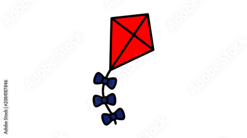 Vibrant Red Flying Kite Graphic Illustration Featuring Decorative Dark Blue Bows on a Tail for Playful Outdoor Activity and Childhood Recreation Concepts
