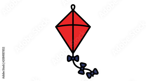 Red Diamond Shaped Flying Kite Icon with Decorative Bow Tail for Outdoor Summer Activity Illustration