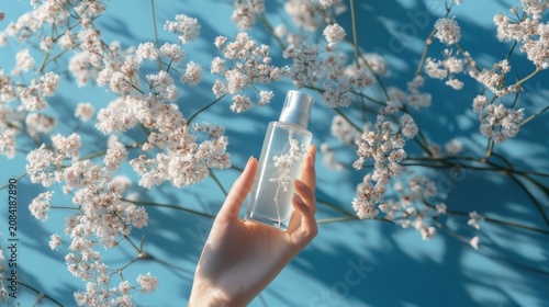 Woman hand holding perfume bottle white flowers blue background beauty product cosmetic spray