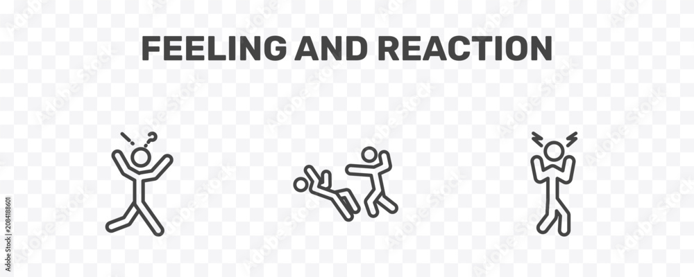 Fototapeta premium feeling and reaction icon set with surprised human, helpless human, aggravated human signs in flat outline style