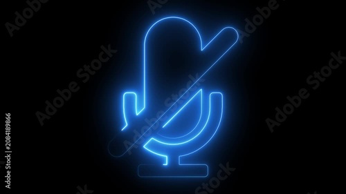 Neon mute microphone glowing on black background, digital audio off symbol for calls and streaming