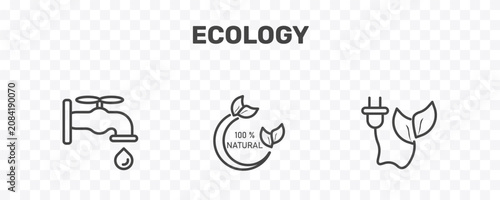 Konstfotografi ecology icon set with water tap, 100 percent natural, eco energy signs in flat o