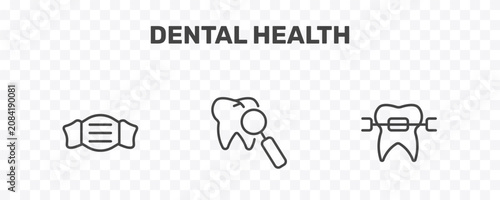 Foto dental health icon set with dentist mask, check up, brackets signs in flat outli
