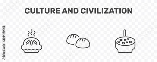 Tableau sur toile culture and civilization icon set with meat pie, steamed bread, crema catalana s