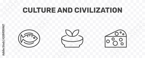 Photos culture and civilization icon set with cantonese fish, gazpacho, goat cheese sig