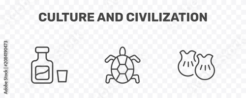Photography culture and civilization icon set with orujo, surfing a sea turtle, wontons sign