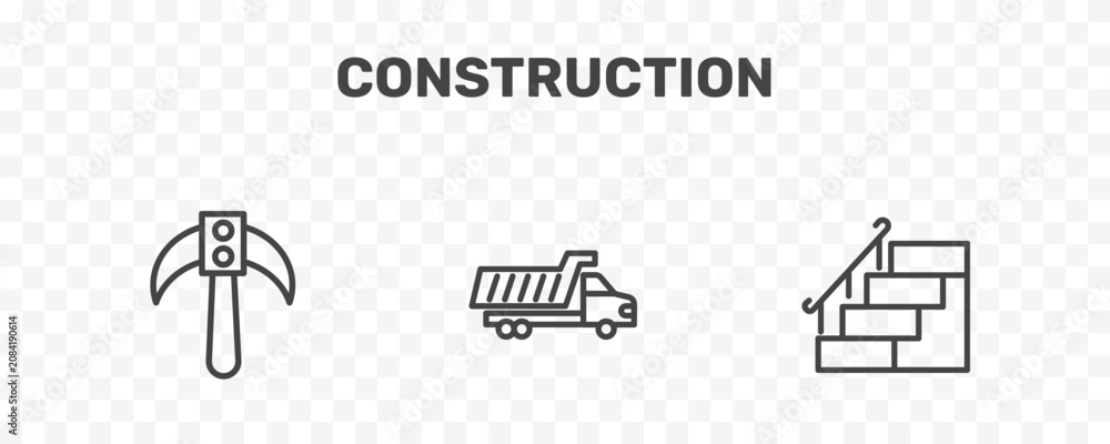 Fototapeta premium construction icon set with inclined picker, , stairs with handle signs in flat outline style