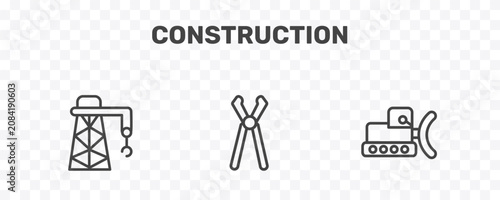 Tableau sur toile construction icon set with derrick facing right, inclined clippers, bulldozer si