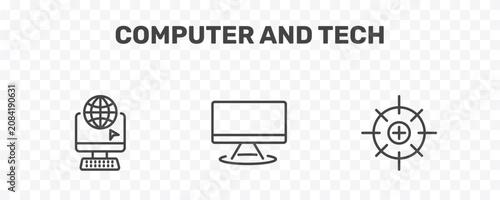 Photography computer and tech icon set with surfing the net, computers, calibrate signs in f