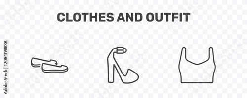 Foto clothes and outfit icon set with loafer, platform sandals, draped top signs in f