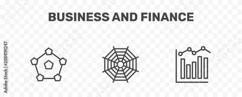 Foto business and finance icon set with item interconnections, spider chart, measurin