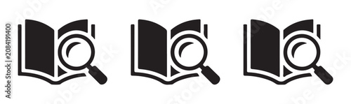 Foto Open book with magnifying glass on pages, research and study symbol, education search concept