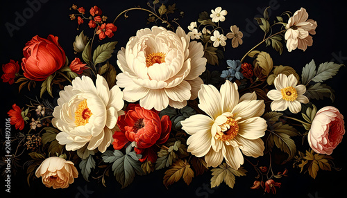 Vintage floral arrangement with red and white peonies, roses, and green leaves on a dark background, intricate botanical pattern, romantic and elegant