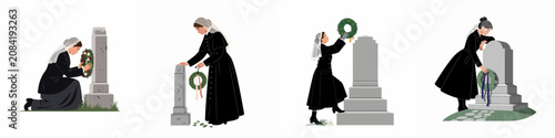 Tableau sur toile Collection of illustrations depicting a Victorian widow in black mourning clothes placing wreaths on gravestones in a cemetery, expressing grief and remembrance