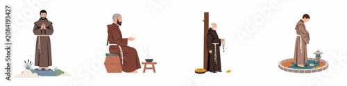 Fotografie Set of vector illustrations of Franciscan monks in prayer, meditation, and quiet reflection, wearing traditional brown habits and practicing mindfulness