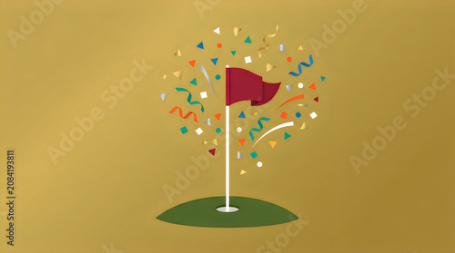 Minimalist graphic banner, a golf flag with abstract celebration confetti shapes, solid festive gold background