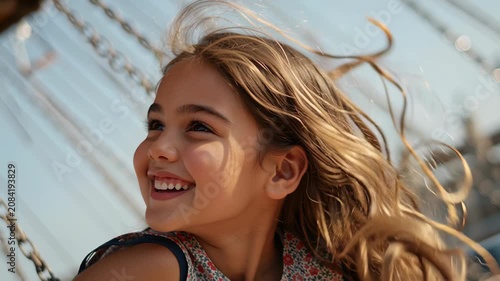 Tracking shot of young girl laughing and swinging on carousel swing at amusement park under sunny blue sky