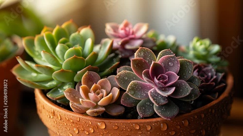 Slow motion close up of succulent plant with water droplets in terracotta pot on indoor windowsill during morning light