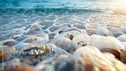 Slow motion closeup tracking shot of pebbles and stones as waves wash over rocky beach shoreline at sunrise