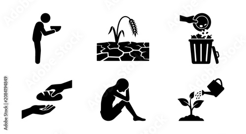 Poverty Icons: Hunger, Drought, Waste, Charity, Despair, Growth