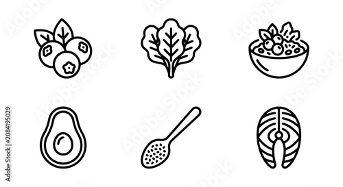 Healthy Food Icons: Blueberries, Salad, Bowl, Avocado, Spoon, Salmon