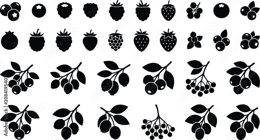 Naklejka premium Collection of black silhouette of various berries and fruits on a white background, berry blueberry