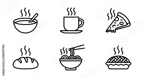 Quadro su tela Hot Food Icons Set, Steaming Meals Vector Graphics, Comfort Food Collection