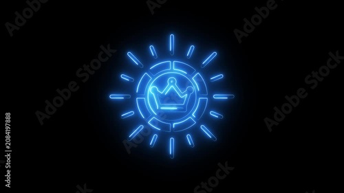 Neon glowing crown with radiant sunburst effect, digital royal emblem animation on black background king