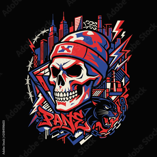 Fényképezés A stylized skull wearing a beanie with an urban city background