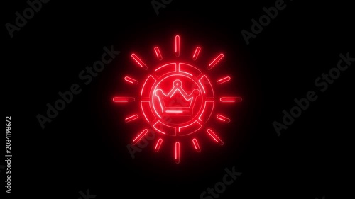 Neon red crown casino chip symbol glowing animation, gambling and success concept motion