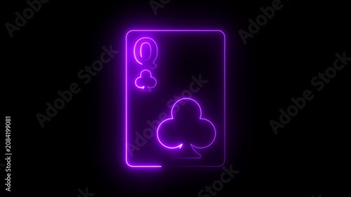 Neon queen of clubs playing card animation, glowing purple casino symbol on black background
