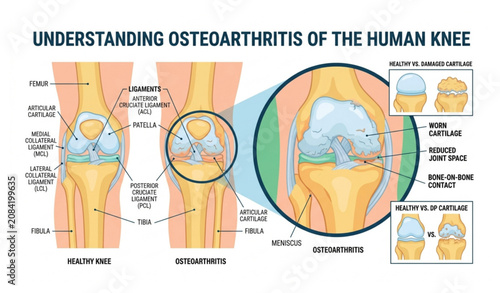 Foto Human knee osteoarthritis medical vector illustration with damaged cartilage