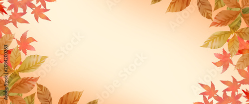 Autumn banner. Watercolor frame background. Autumn leaves,maple     秋　バナー　素材　枠　紅葉　落ち葉　枯れ葉　水彩画　和風　お彼岸　キャンペーン　シンプル　見出し　タイトル　横長