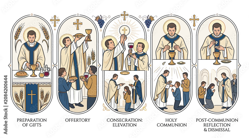 Fotografie Catholic Mass Steps: Preparation, Offertory, Consecration, Communion, Reflection