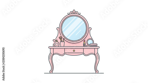 Schilderij op canvas Elegant Pink Vanity Table with Mirror and Makeup Accessories