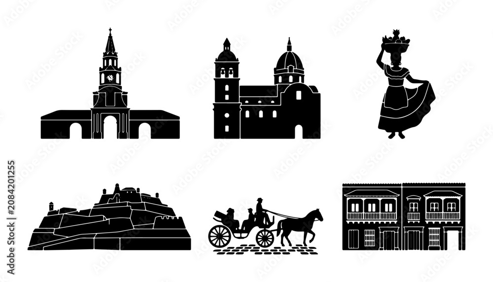 Obraz premium Colombian City Icons: Architecture, Culture, and Travel Vector Set