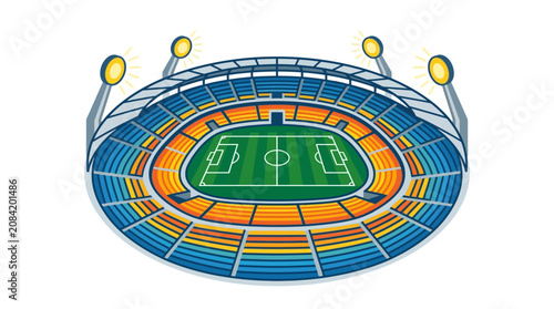 A vibrant illustration of a large circular sports stadium with bright field lights