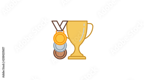 A golden trophy cup stands beside a stack of three metallic achievement medals