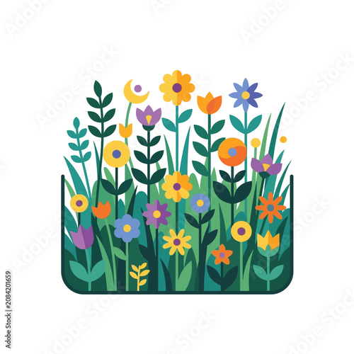 A vibrant flat vector illustration of a colorful garden with various blooming flowers and green leaves