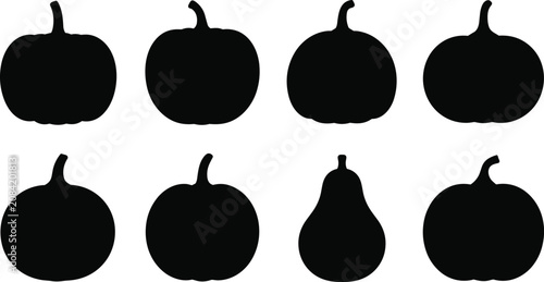Quadro em tela Eight black silhouettes of pumpkins and gourds in different shapes vector illust