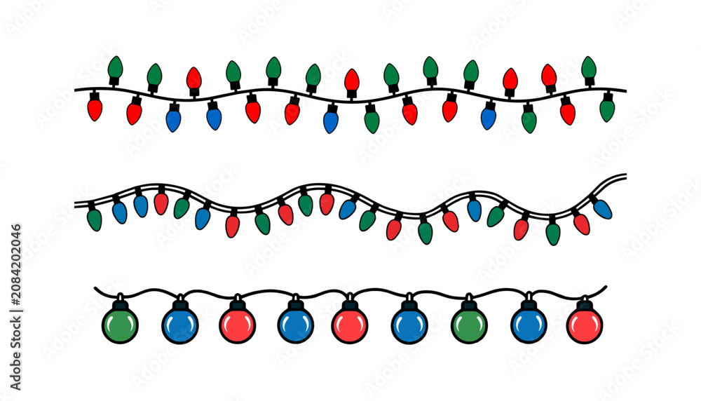 Fototapeta premium Holiday lights illustration collection featuring colorful bulbs, festive string decorations, red green blue designs, and celebration themes