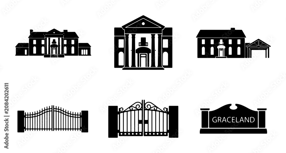 Obraz premium Iconic Mansions and Gates, Estate Architecture Vector Set