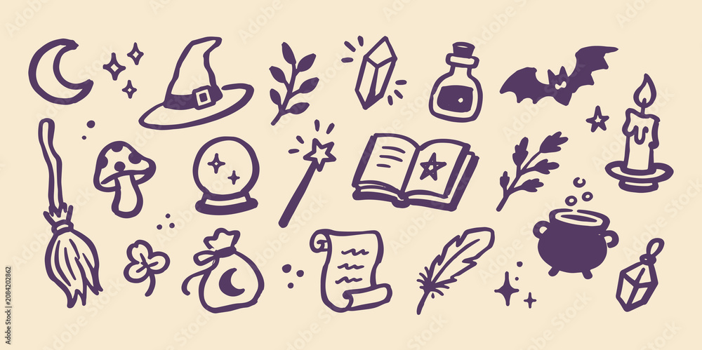Fototapeta premium Witchcraft Doodle Set Hand Drawn Vector Illustration
