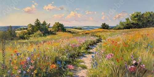 Impressionist Winding Dirt Path Green Meadow Wildflowers Summer Day