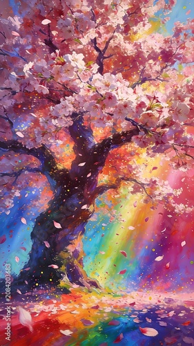 Impressionist Cherry Blossom Tree Rainbow Spectrum Light Falling Petals