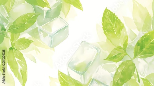 Mint Green Watercolor Ice Cubes Mint Leaves Summer Refreshing