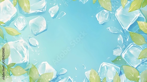 Cool Blue Watercolor Ice Cubes Green Leaves Summer Drink Abstract
